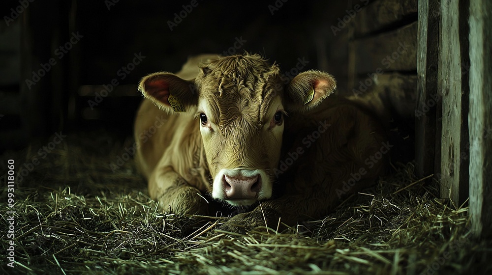 Wall mural   A brown cow lays atop a dry grass pile near a wooden structure with a lit lamp