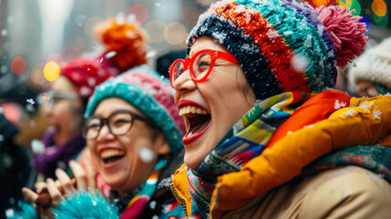 Laughter and warmth fill air as friends celebrate joyfully in festive winter scene, surrounded by snowflakes and colorful hats