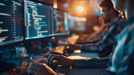 Young developers are focused on coding in modern workspace, surrounded by multiple screens displaying lines of code. atmosphere is vibrant and tech driven, showcasing collaboration and innovation