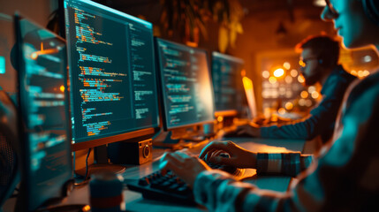 image captures team of young developers working intently at their computers, surrounded by glowing screens filled with code. atmosphere is vibrant and focused, showcasing modern workspace