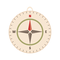 Hiking compass in flat design. Vintage expedition navigation equipment. Vector illustration isolated.