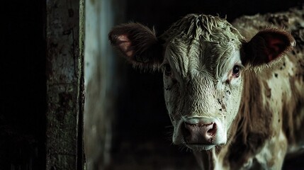   Sad cow in barn