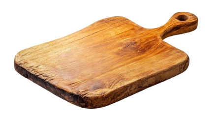 Rustic wooden cutting board, isolated on transparent cutout background