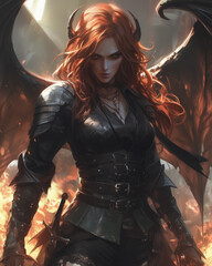 fierce demon queen with fiery mane and black armor stands against a blazing backdrop