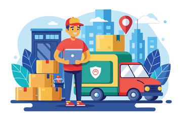 A delivery worker stands with a laptop next to a truck surrounded by packages in a cityscape, Delivery company illustration in flat style.