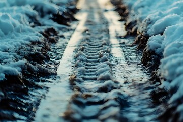 Photo leaving tread marks in winter conditions,close-up of car tires on snowy icy road