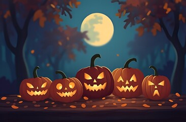 Halloween pumpkins on wood. Bokeh photo of halloween scary pumpkins. Halloween background at night forest with moon, autumn colors.