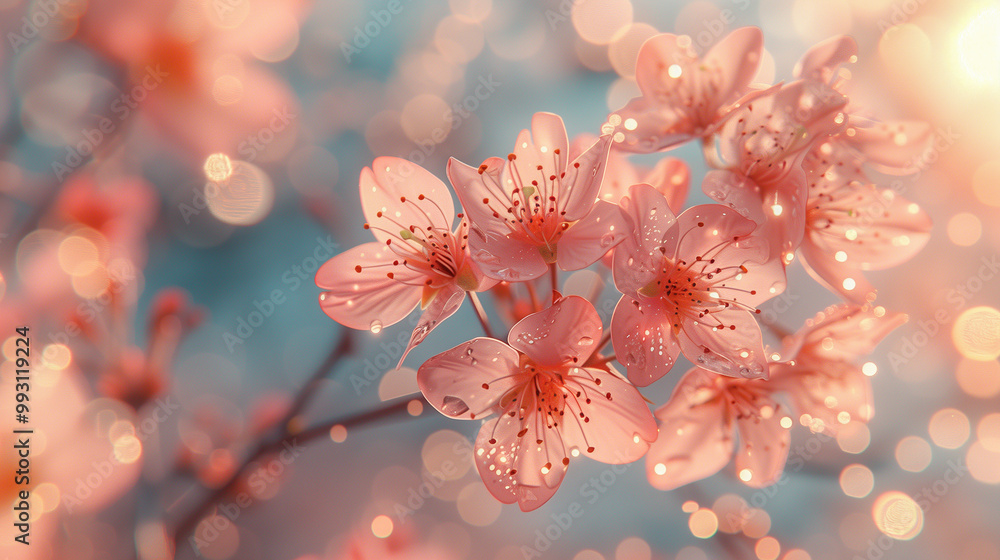 Poster cherry blossoms with dewdrops and soft bokeh light effects..