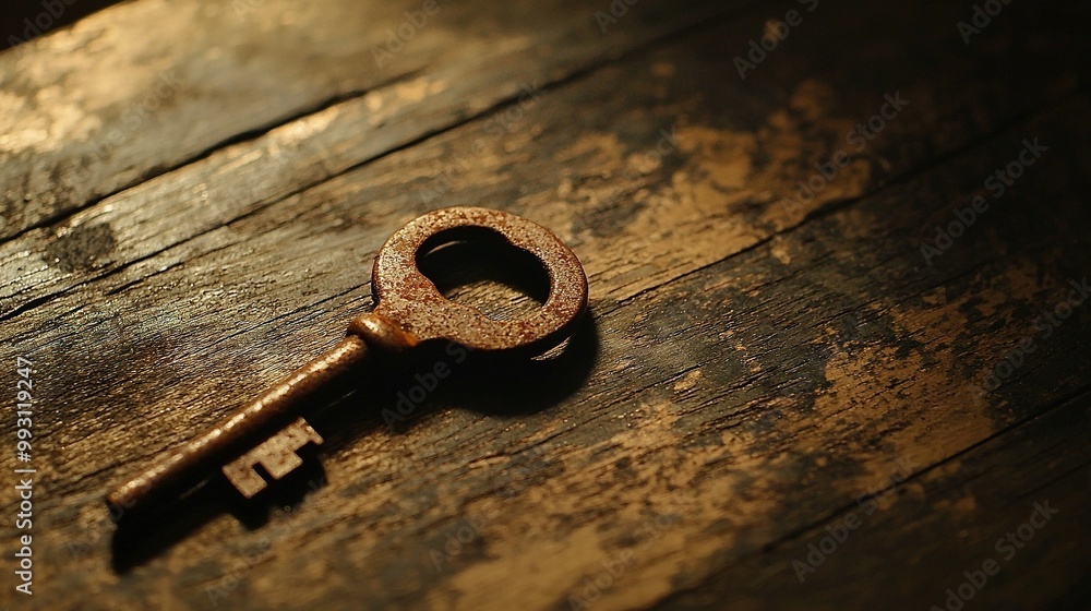 Poster a close-up of a rusty old key on a wooden surface with just one key in the center