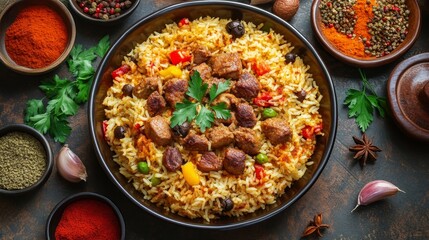 Traditional Bahraini Machboos â€“ Family Dinner with Spiced Rice, Meat, and Colorful Spices