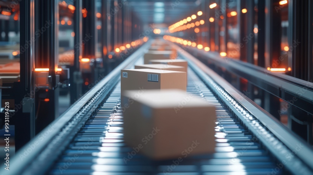 Poster futuristic automated sorting system efficiently organizing boxes in state-of-the-art logistics cente