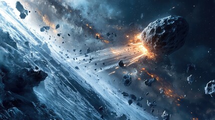 Fototapeta premium Impact event of a meteoroid hitting an icy asteroid, with fragments and debris flying off