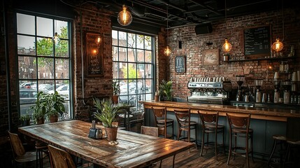 Fototapeta premium A wooden table sits before a window, adjacent to another wooden table with a potted plant atop it