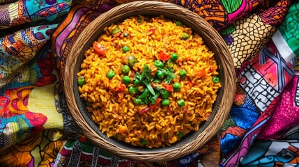 Fototapeta premium Vibrant Nigerian Jollof Rice in Tropical Market Setting with Colorful Fabrics Background