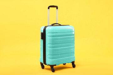 One new turquoise suitcase on yellow background