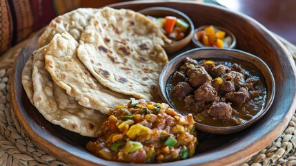 Authentic South Sudanese Kisra Platter with Sorghum Flatbread and Meat Stew - Traditional African Cuisine Concept