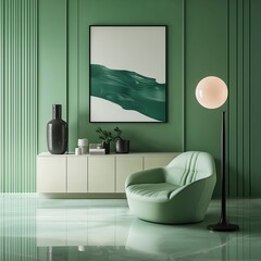 Modern living room featuring soft mint-green tones, geometric art, and sleek furniture, offering a fresh and minimalist design with eco-friendly accents.