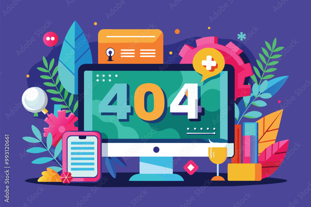 Poster a colorful 404 error on a screen, adorned with icons and plants, creates a lively vibe, design conce