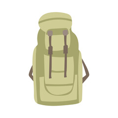 Green hiking backpack in flat design. Backpacking bag with straps and pockets. Vector illustration isolated.