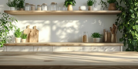Modern Kitchen Interior with Empty Wooden Table