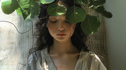 Serene Woman with Natural Leaf Crown in Soft Sunlight