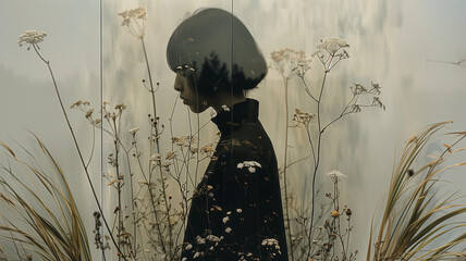 Dreamy Silhouette Amidst Wildflowers in Minimalist Setting