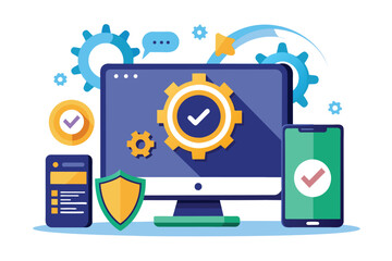A flat illustration displays a computer and phone undergoing security updates with gears and checkmarks, Device updating security, flat illustration.
