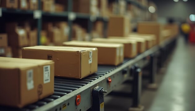 Cardboard Boxes On Conveyor Belt In Warehouse.