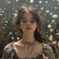 Romantic Portrait of Woman Surrounded by Wildflowers
