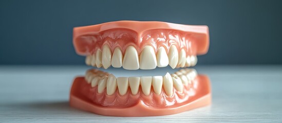 Obraz premium Close-Up of Artificial Dentures on a Wooden Surface with Blue Background in Dental Clinic