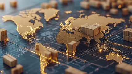 Global logistics network concept with illuminated world map and cargo boxes, symbolizing international trade and supply chain management
