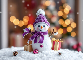 Microscopic image of a small purple snowman for Christmas with icicles, ribbons, cones and pine branches. A gift on a softly blurred background, elegant composition. Ultra-high resolution illustration