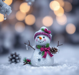 Microscopic image of a small purple snowman for Christmas with icicles, ribbons, cones and pine branches. A gift on a softly blurred background, elegant composition. Ultra-high resolution illustration