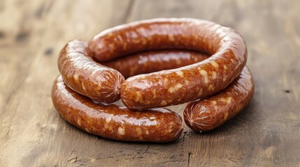 Sausages in Olympic Ring Formation on Wooden Table