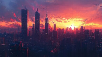 Stunning Sunset Over Modern City Skyline with Skyscrapers and Vibrant Colors