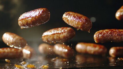 Obraz premium Sizzling Sausages Flipping in Perfect Formation