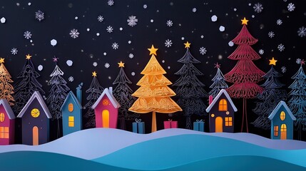 Naklejka premium Christmas scene on black background with houses, trees, and falling snowflakes