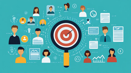 Identifying target audience is crucial for effective marketing strategies. This illustration showcases various individuals and documents, emphasizing importance of understanding demographics and prefe