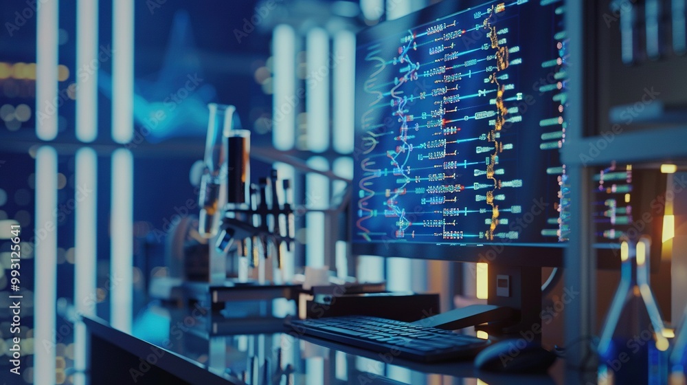 Poster a computer monitor sits atop a desk, displaying data, while a keyboard rests nearby