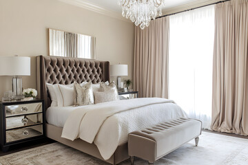 A chic and modern bedroom with a velvet upholstered