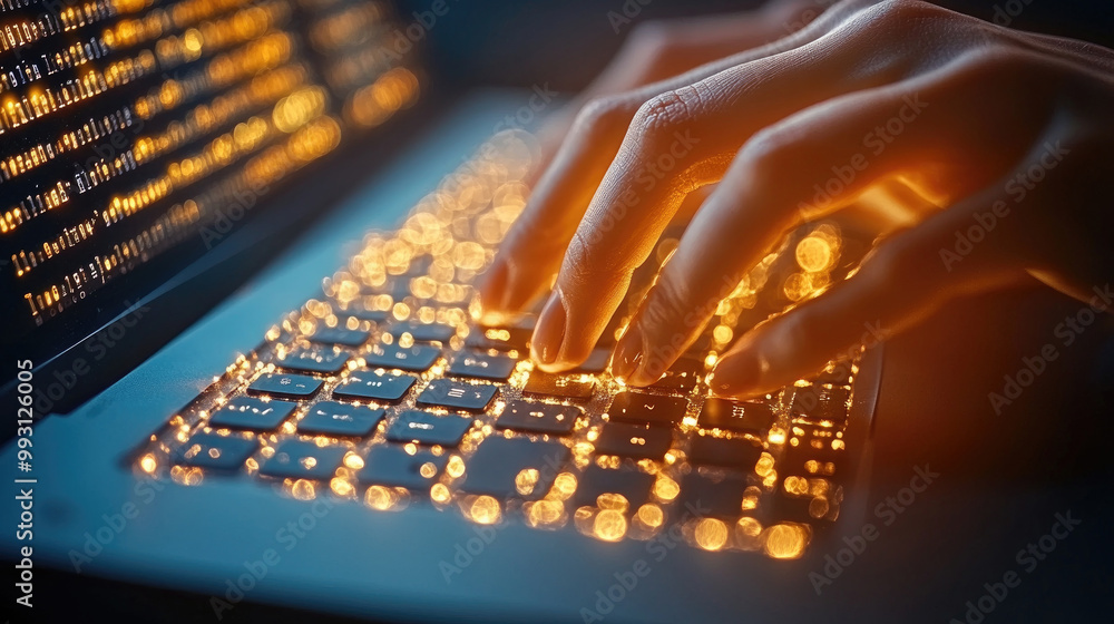 Poster fingers move swiftly across a backlit keyboard, illuminating the dark space with soft golden light, 