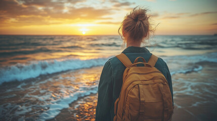 Fototapeta premium A young woman stands at the ocean's edge, gazing at a breathtaking sunset while the waves softly wash over the sand around her