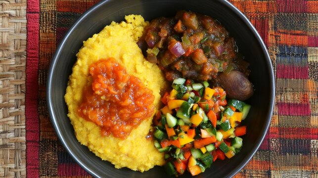 Traditional Zambian Nshima Family Meal with Cornmeal Dish and Freshly Prepared Vegetable Relish