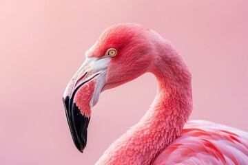 Obraz premium Close up of a pink flamingo against a soft pink background showcasing its elegant curves and vibrant colors