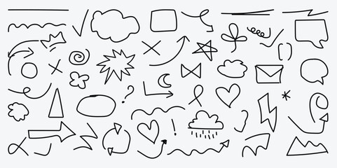 Set of doodle sketch patterns. Hand drawn doodle-style collection of hearts, arrows, scribble, speech bubbles, star.