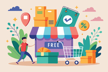 Shoppers delighted by discount offers and free shipping stroll near a colorful storefront filled with packages, Discount shopping with free shipping and flat illustration.
