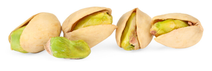 Many tasty pistachio nuts isolated on white