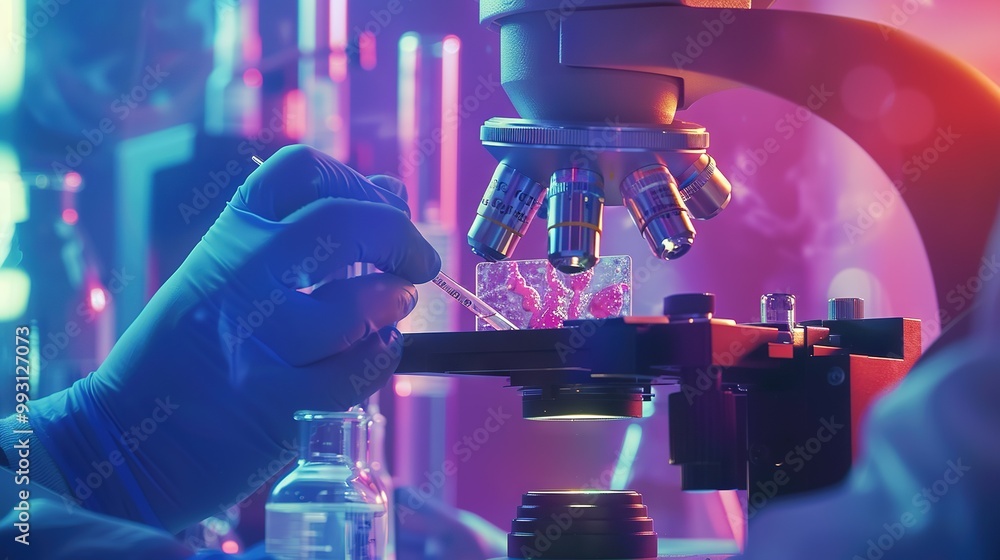Poster a scientist in a lab coat examines a sample in a glass container on a lab table using a microscope