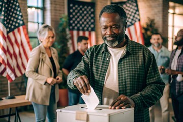 President elections. A black man votes for the new president of the United States of America and puts a form in the ballot box against the background of the American flag.