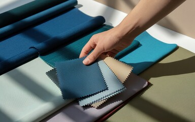 hand choose fabric samples for textile design. Fashion material selection and color matching concept
